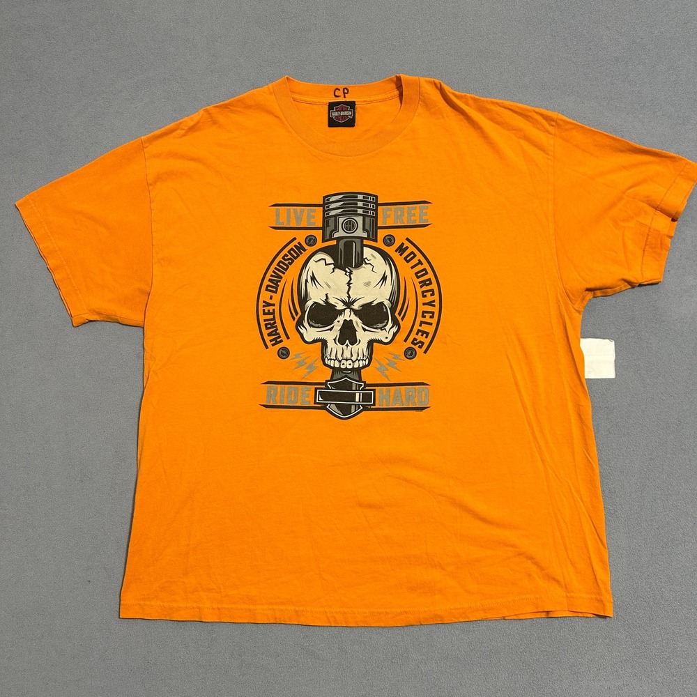 Harley Davidson Skull Piston Graphic T-Shirt 2014 Bravado Orange Mens Size 2XL